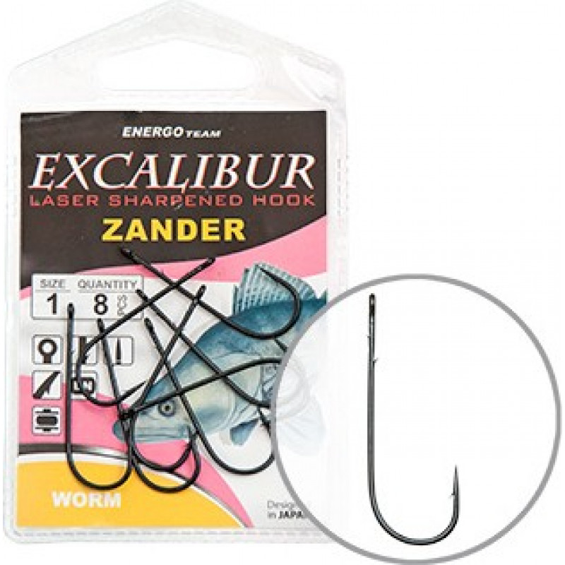 Excalibur HOOK EXCALIBUR ZANDER WORM, BLACK, (8 pcs/pack), SIZE 2